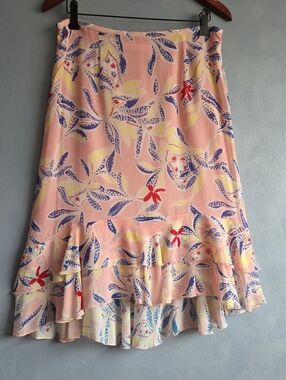 SEE BY CHLOE, SILK PINK RED RUFFLE ASYMMETRICAL SKIRT, EU 40